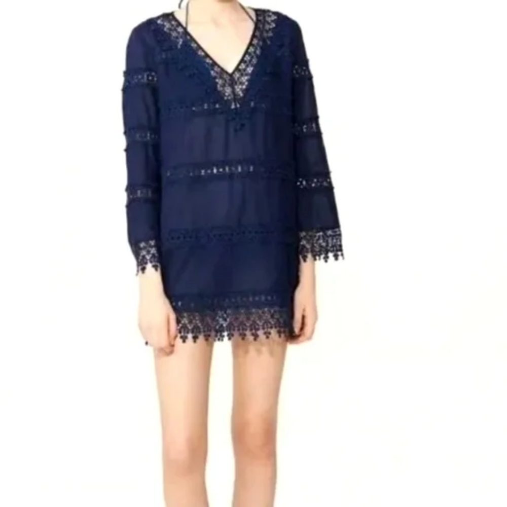 Tory Burch semi-sheer crochet navy blue cover-up/ mini‎ dress women's size S